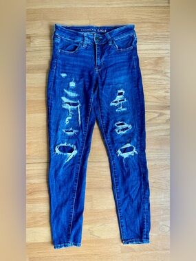 American Eagle Outfitters Women's Distressed High-Rise Skinny Jeans - Dark Blue